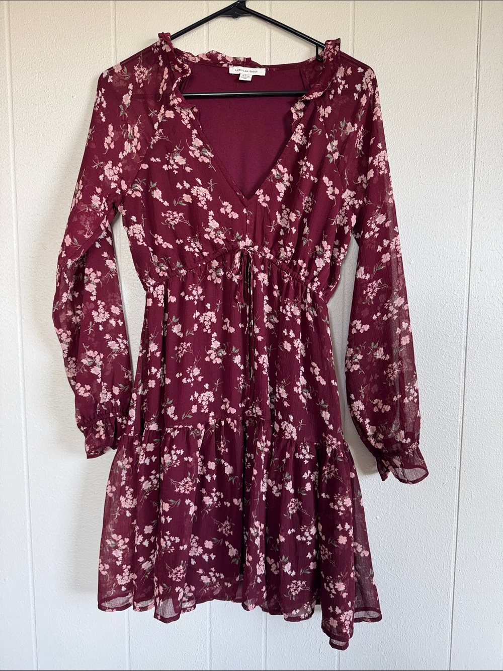 American Eagle Women's Floral Burgundy Long-Sleeve Tiered Dress